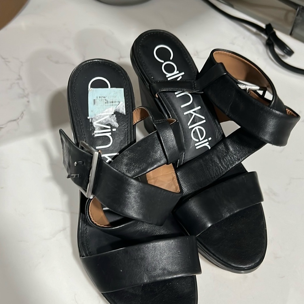 Calvin Klein black strapped wedges size 7.5